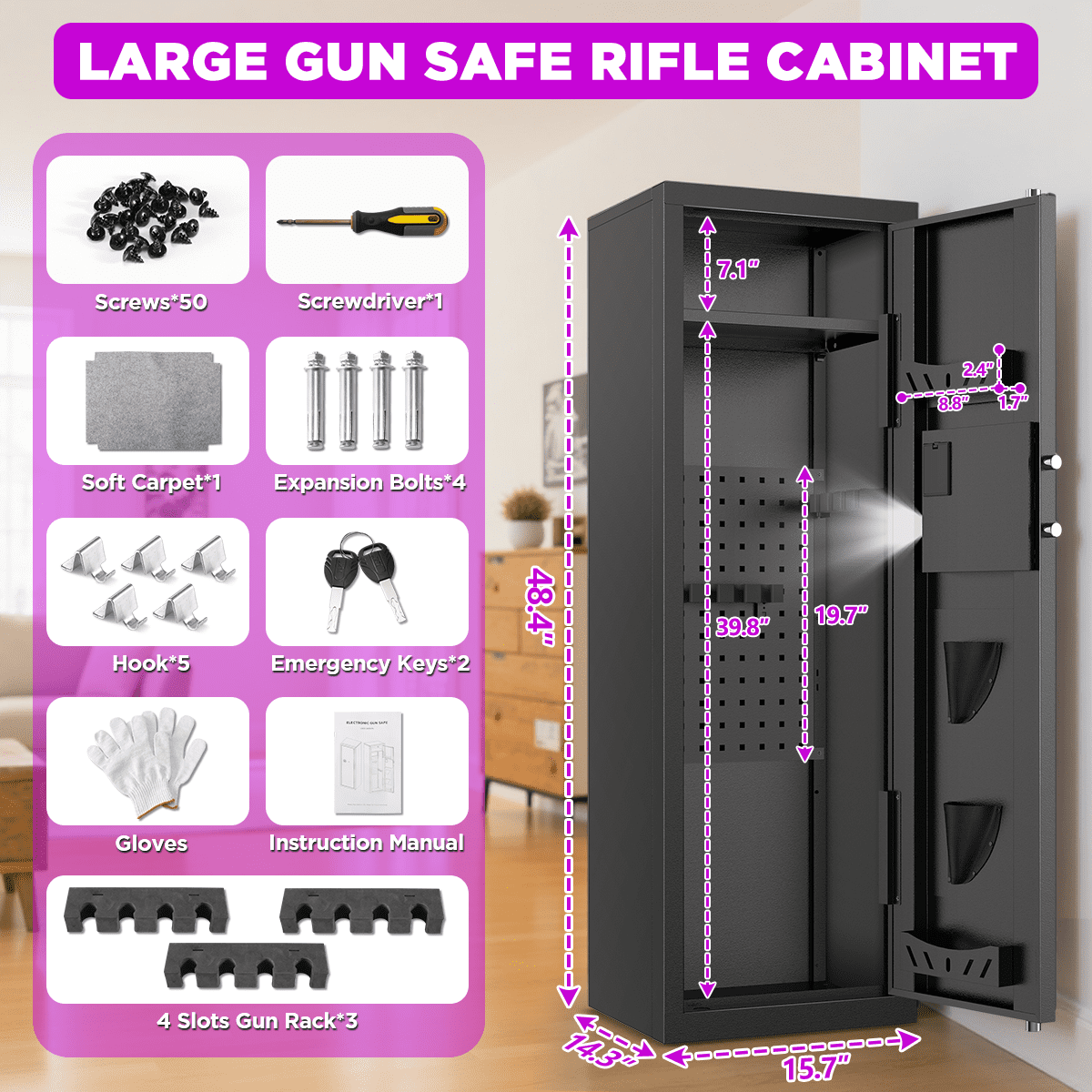 RYCUZO 8-10 Gun Cabinet, Quick Access Long Gun Safe for Home Rifles and Pistols, Large Unassembled Rifle Safe with Removable Shelves, Digital Keypad, Pegboard
