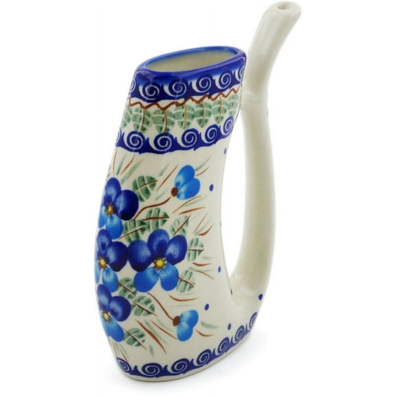 Polish Pottery 9 oz Mug with Straw (Blue Pansy Theme) Hand Painted in Boleslawiec, Poland   Certificate of Authenticity