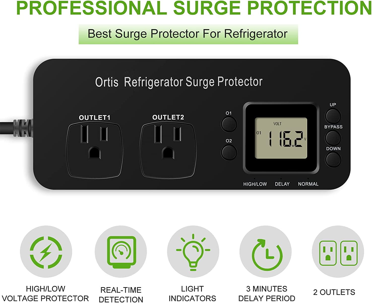 Ortis Refrigerator 2-Outlet Surge Protector, Black