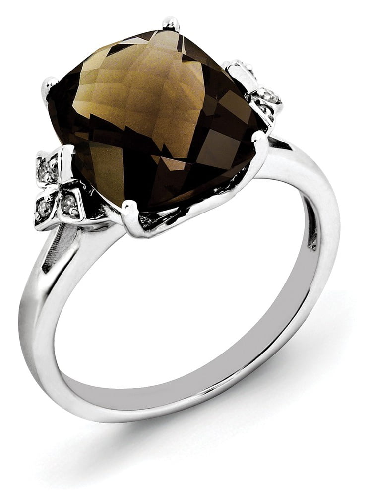 Size 5 Solid 925 Sterling Silver Diamond & Checker-Cut Brown Smoky Simulated Quartz Ring 2mm