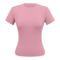 thumbnail image 4 of MIXUE Boho Tops For Women Summer Line Solid Color Round Neck Short Sleeve Slim Fit Casual Workout Yoga Tshirts Outwear,Pink,L, 4 of 6
