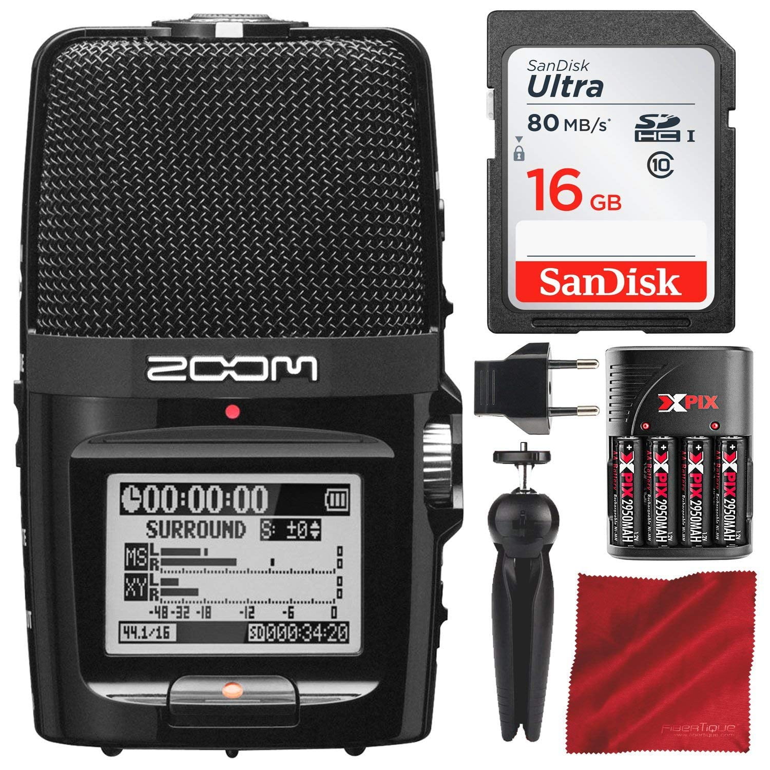 Zoom H2n Handy Recorder with 16GB SD Card, Xpix Travel Battery Kit, and