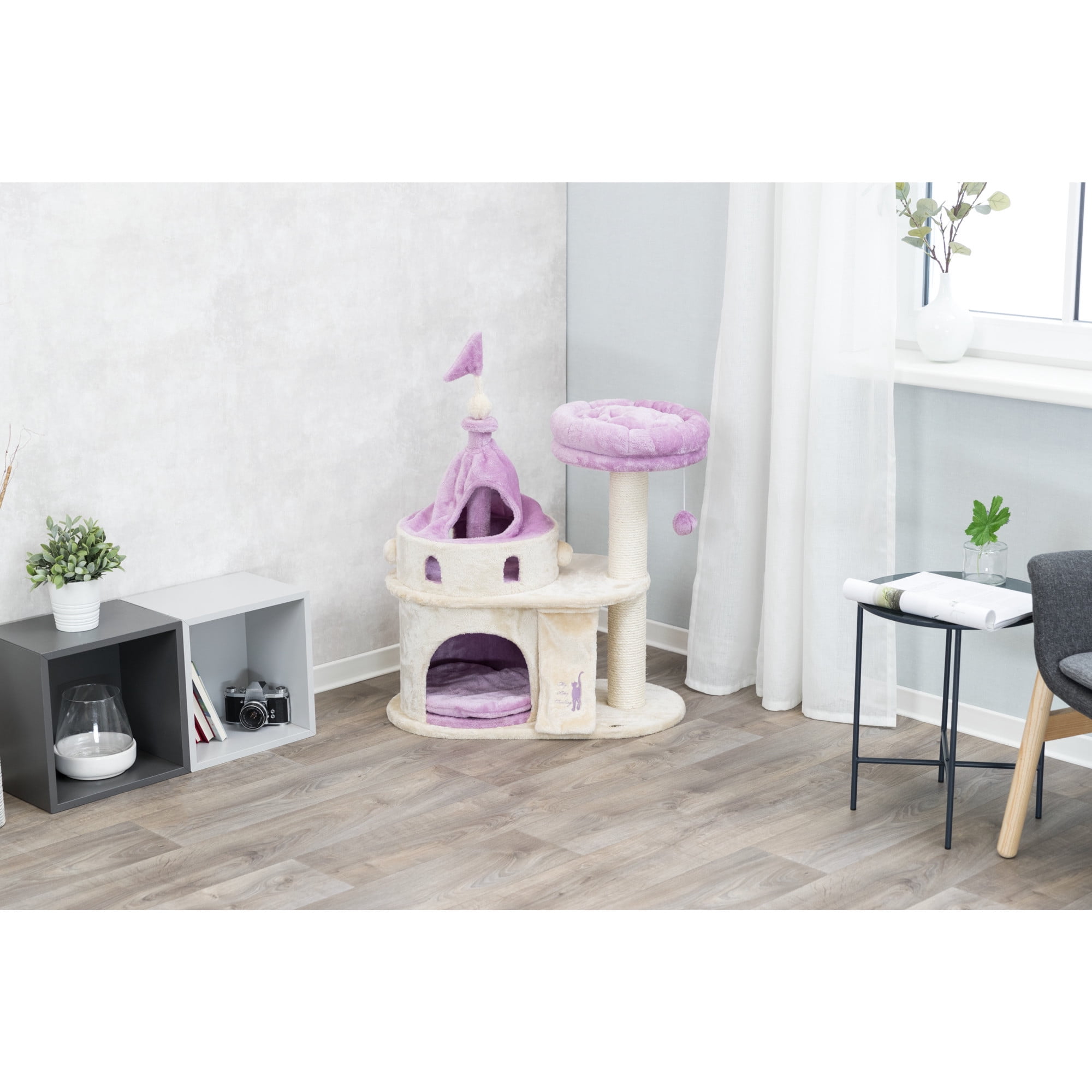 TRIXIE My Kitty Castle Plush 35.5" Cat Tree, Sisal Scratching Posts, Rustling Fabric Beige
