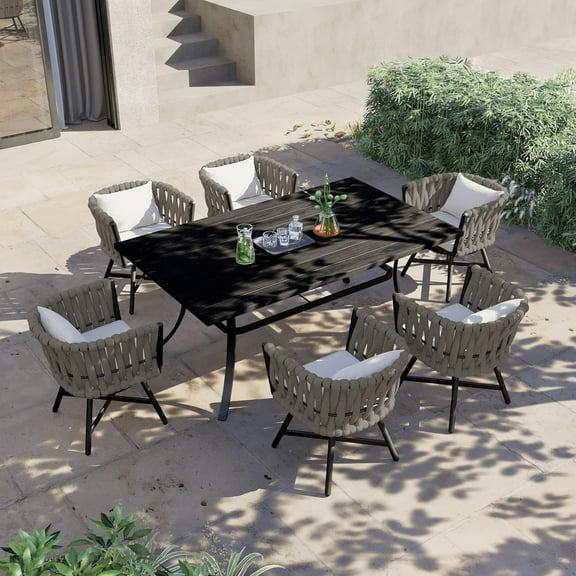 Grand Patio 7-Piece Outdoor Dining Furniture Set for 6 Swivel Rope Wicker Chairs & 1 Square Dining Faux Woodgrain Table with Umbrella Hole, Grey