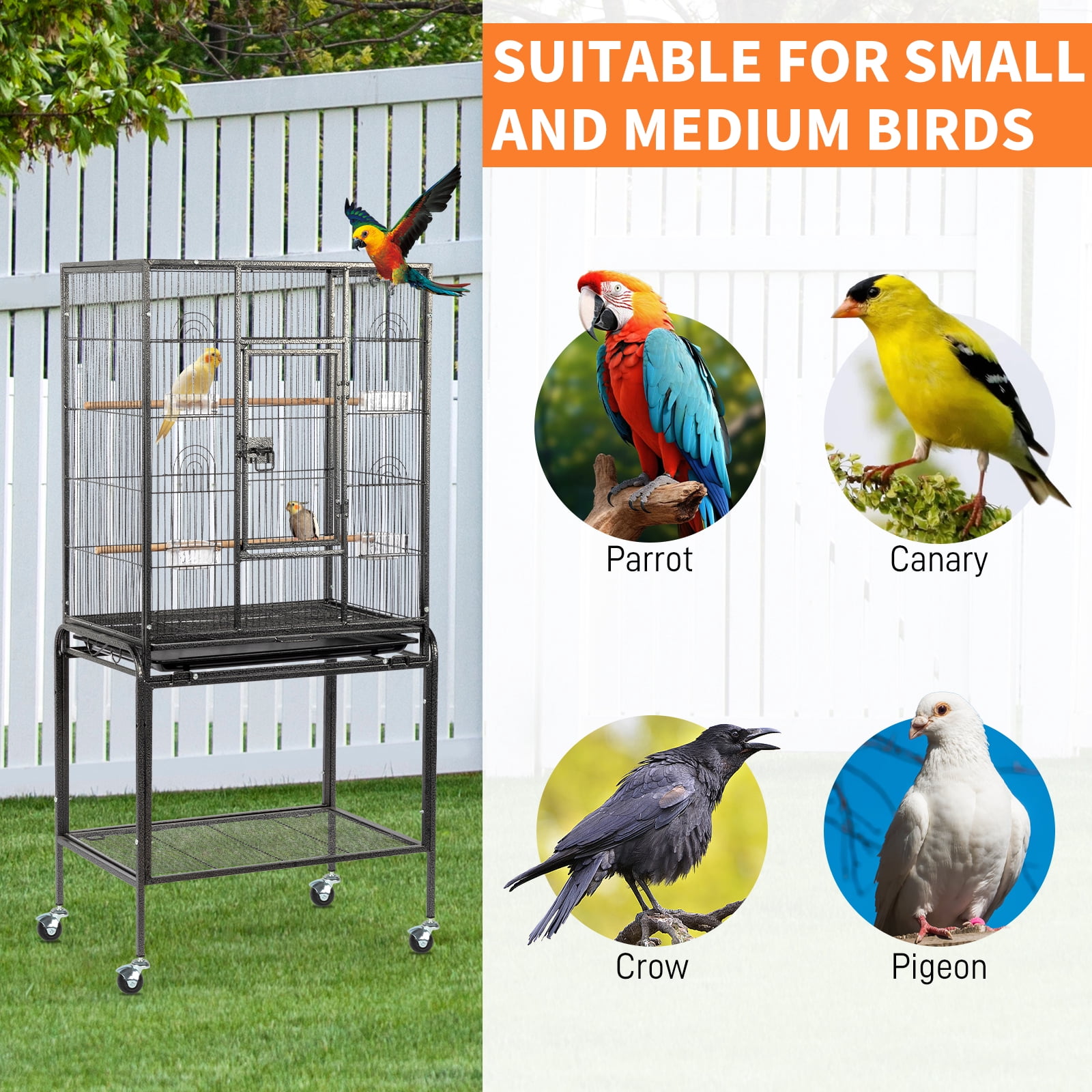53in Large Flight Bird Cage with Rolling Stand & Storage Shelf for Parrots, Cockatiels, Lovebirds and Parakeets, Black Aviary Cage with Easy Clean Tray, Spacious Home for Small Medium Birds