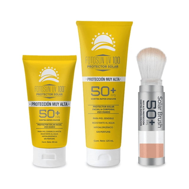Protección Solar Fotosun UV 100 Fotoprotector Solar Brush en Polvo con Brocha, Crema Facial y Corporal Bloqueador Filtro Solar - Kit de 3 Protectores 50+ FPS