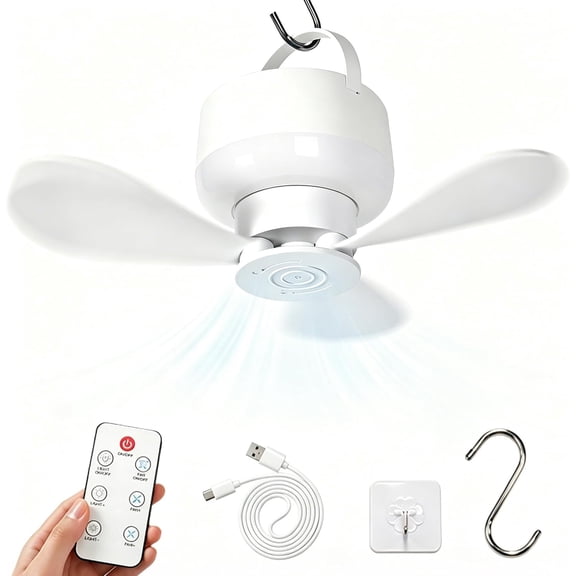 Rechargeable Hanging Fan with Light and Remote, 5-Speed Portable Fan for Camping and Bedroom