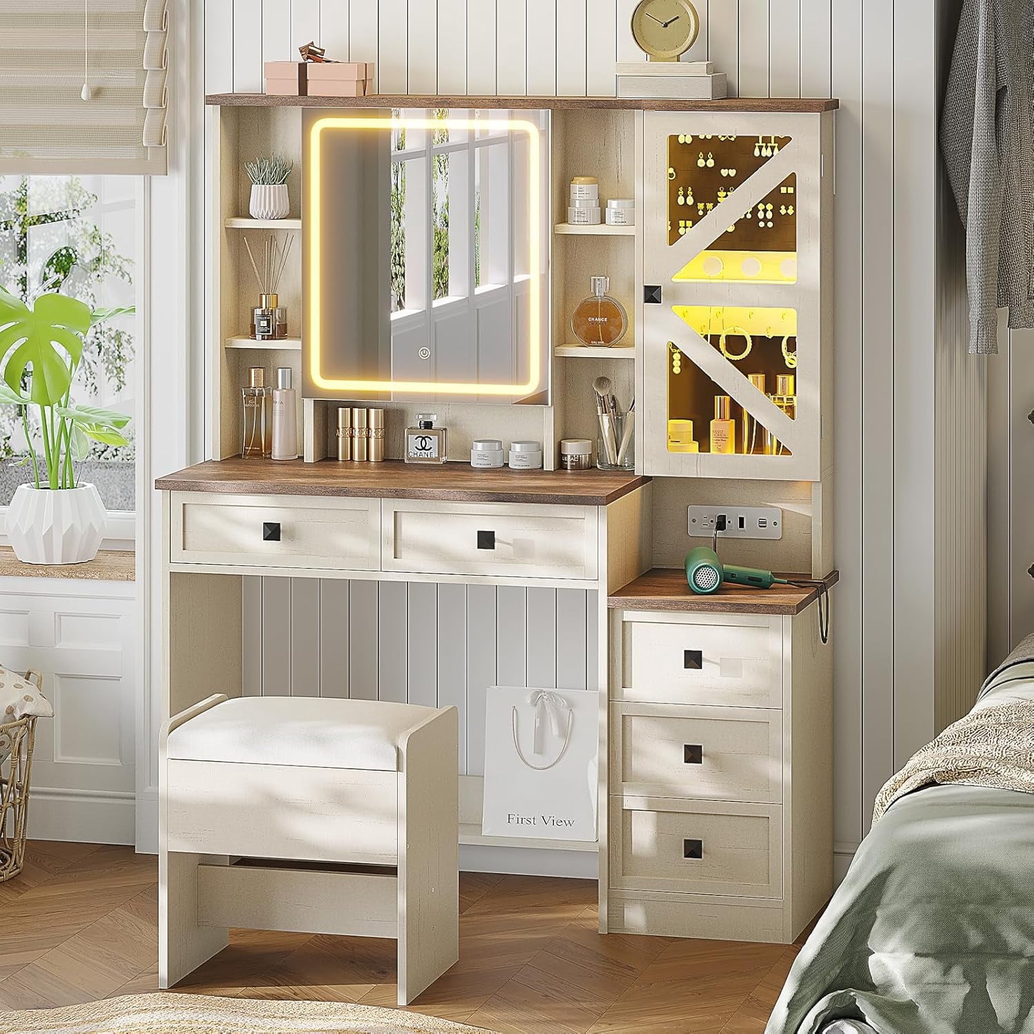 Farmhouse Vanity Desk with Mirror and Lights, Makeup Vanity Set with Lights & Jewelry Cabinet & 5 Drawers, Vanity Table with Charging Station, Hidden Storage Space for Bedroom, Antique White