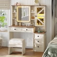 thumbnail image 3 of Farmhouse Vanity Desk with Mirror and Lights, Makeup Vanity Set with Lights & Jewelry Cabinet & 5 Drawers, Vanity Table with Charging Station, Hidden Storage Space for Bedroom, Antique White, 3 of 14