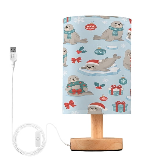 Seals Christmas Table Lamp, Fully Dimmable Nightstand Lamp with USB and Linen Fabric Shade, Modern Gifts for Bedroom, Living Room, Office
