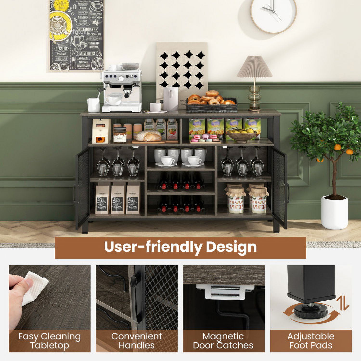 Finihen Kitchen Storage Cabinet, Buffet Sideboard, 55-Inch Buffet Sideboard with 8-Bottle Wine Racks and Wine Glass Holders, for Dining Room, Kitchen, Living Room, Gray Finihen Kitchen Storage Cabinet, Buffet Sideboard, 55-Inch Buffet Sideboard with 8-Bottle Wine Racks and Wine Glass Holders, for Dining Room, Kitchen, Living Room, Gray