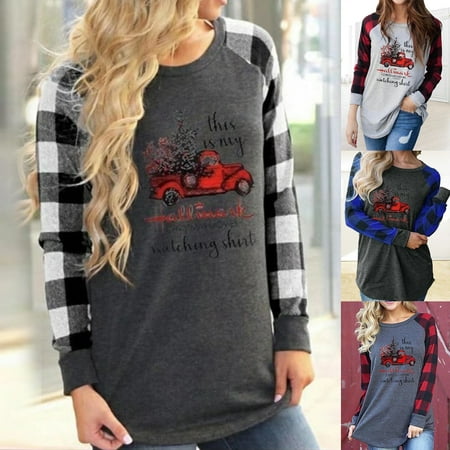 

Taluosi Women Christmas Plaid Raglan Sleeve Blouse Tunic Top Truck Letters Print T-shirt