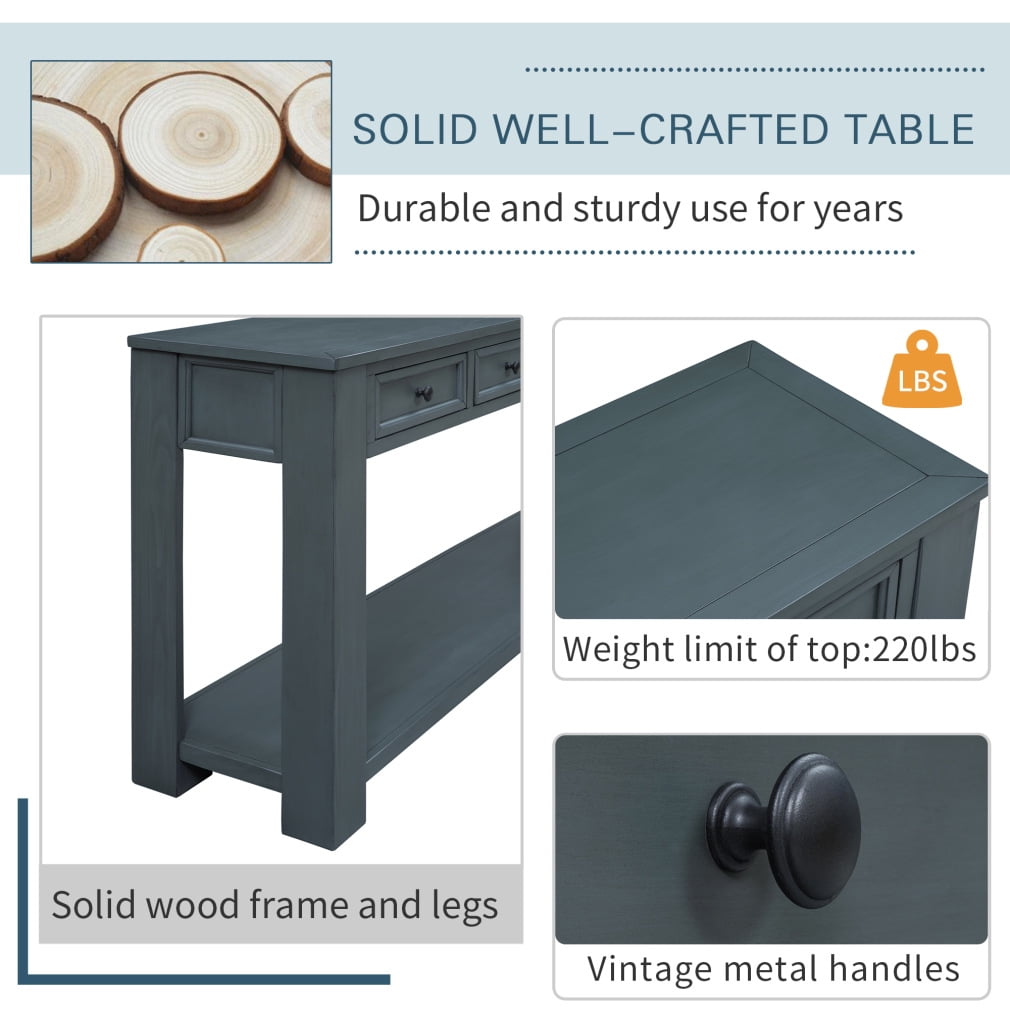 Solid Wood Console Table With 4 Drawers And 1 Bottom Shelf For Entryway, Hallway, Easy Assembly, 63 Inch Long Sofa Table, Navy