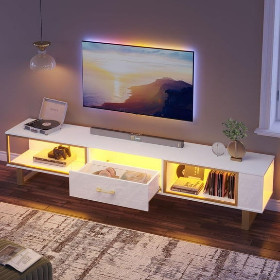Bestier LED TV Stand for TVs up to 85", High Glossy Entertainment Center with Drawer & Storage Shelves, White