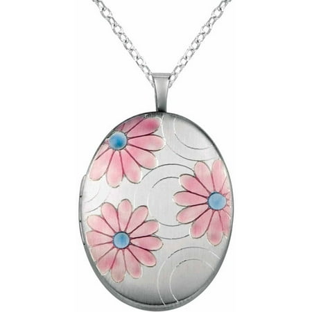 Sterling Silver Oval-Shaped with Colored Flowers Locket