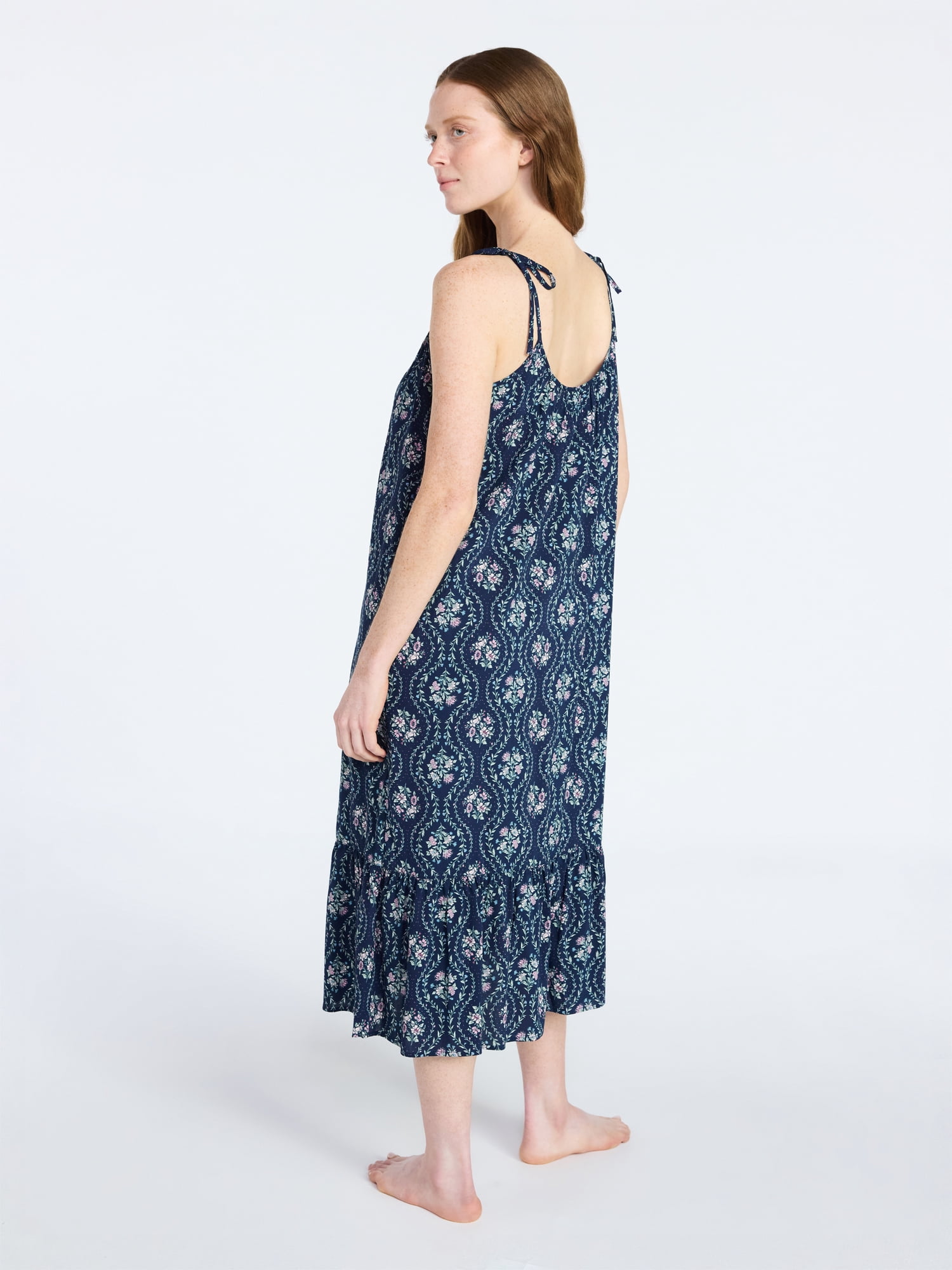 Joyspun Women's Woven Midi Sleep Gown with Shoulder Tie, Sizes XS-3X