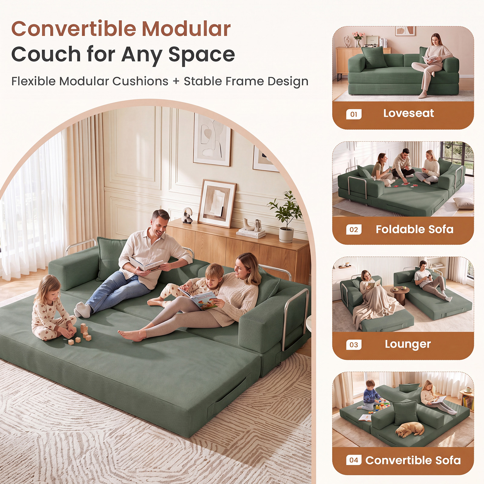 Exnote 78" Convertible Sofa Bed, Green Corduroy photo 2