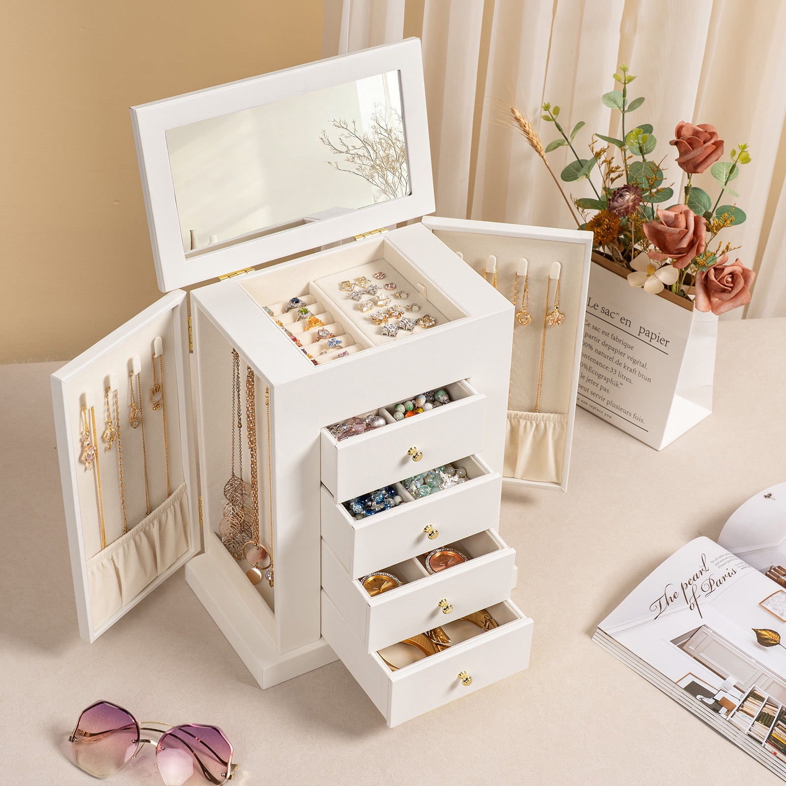 Jewelry Box for Women, 5 Layer Large Leather Boxes & Organizers for Necklaces Earrings Rings Bracelets, Organizer with Drawers and Mirror, White