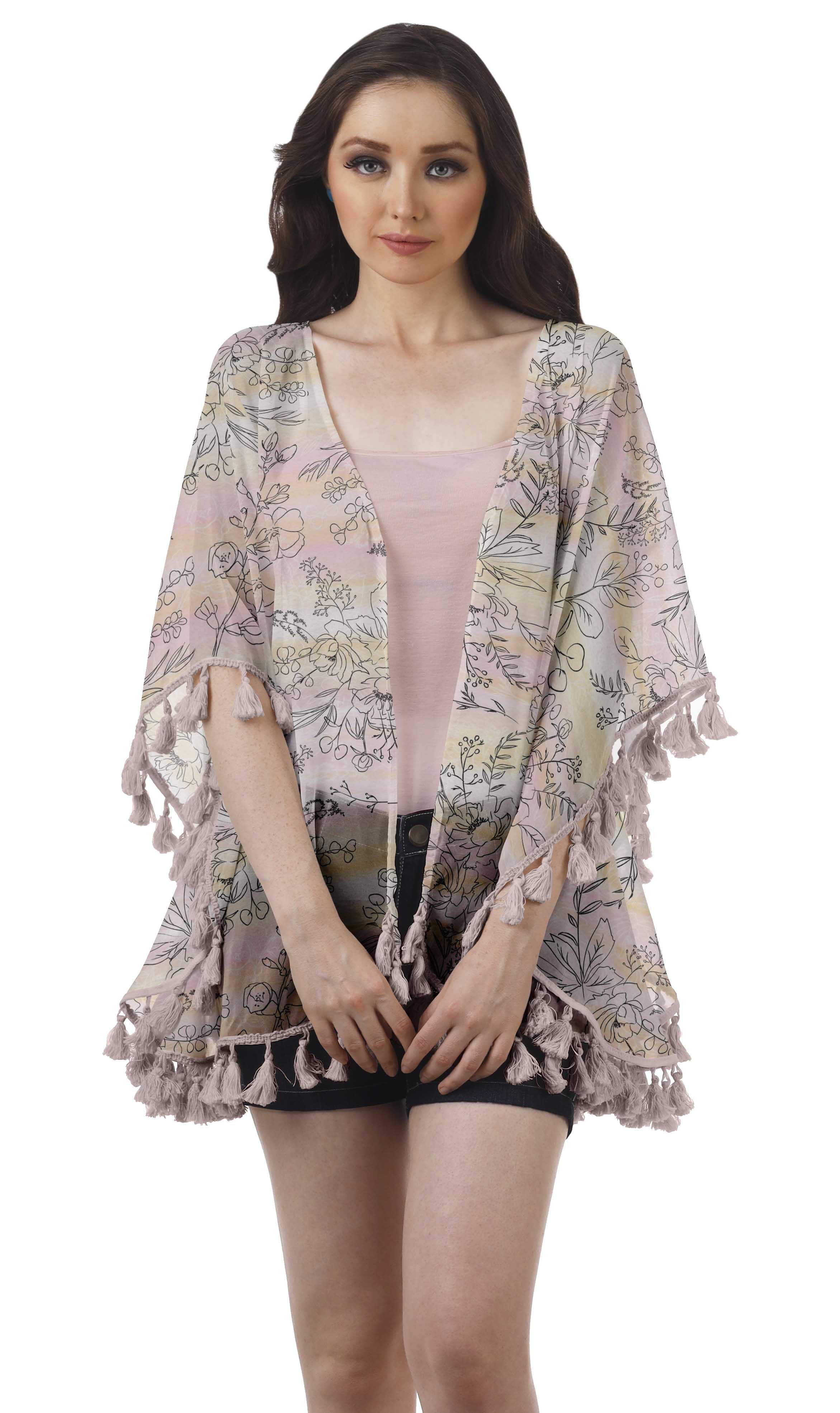 Women Beige Front Open Kimono Shrug