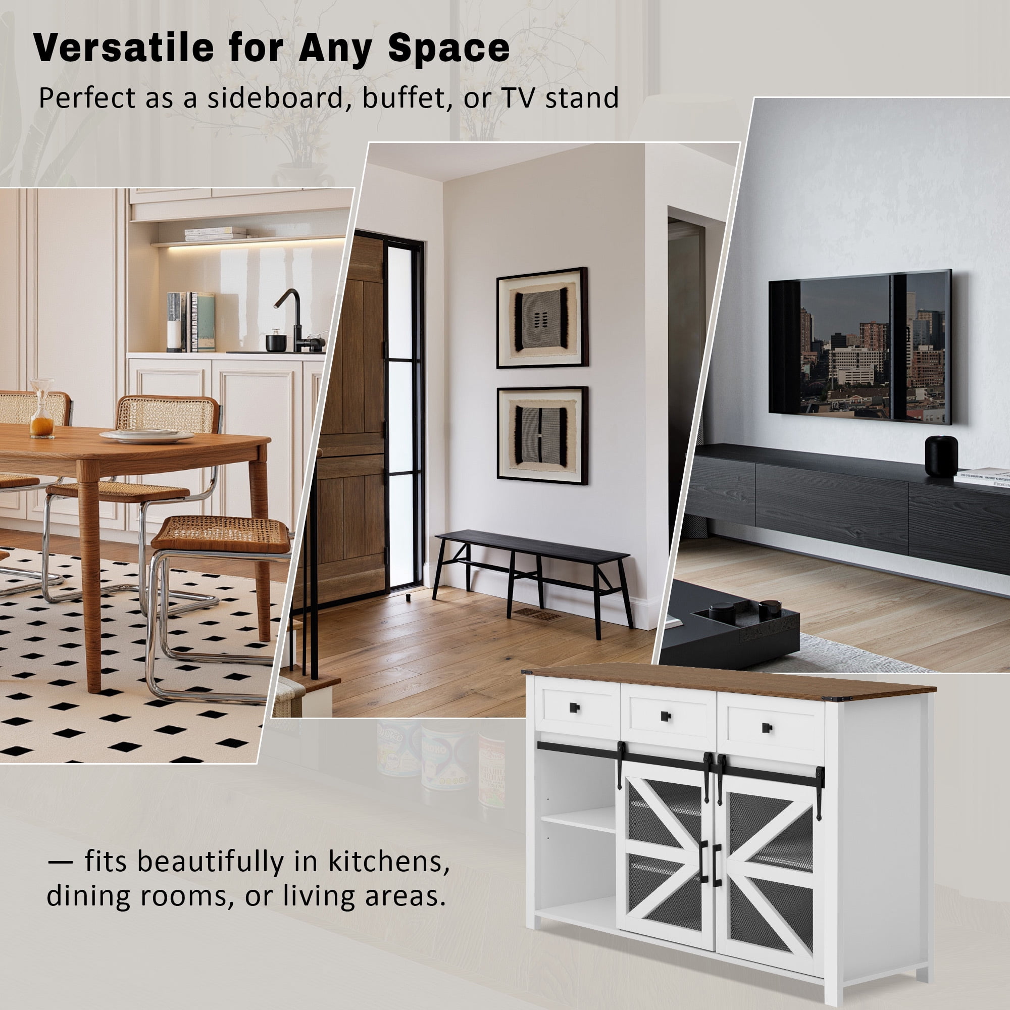 Leumius 55In Sliding Barn Door Sideboard Buffet Cabinet with 3 Drawers, Adjustable Shelves, Metal Mesh & Particleboard Doors, Aluminum Handles, Industrial Storage for Living or Dining Room White