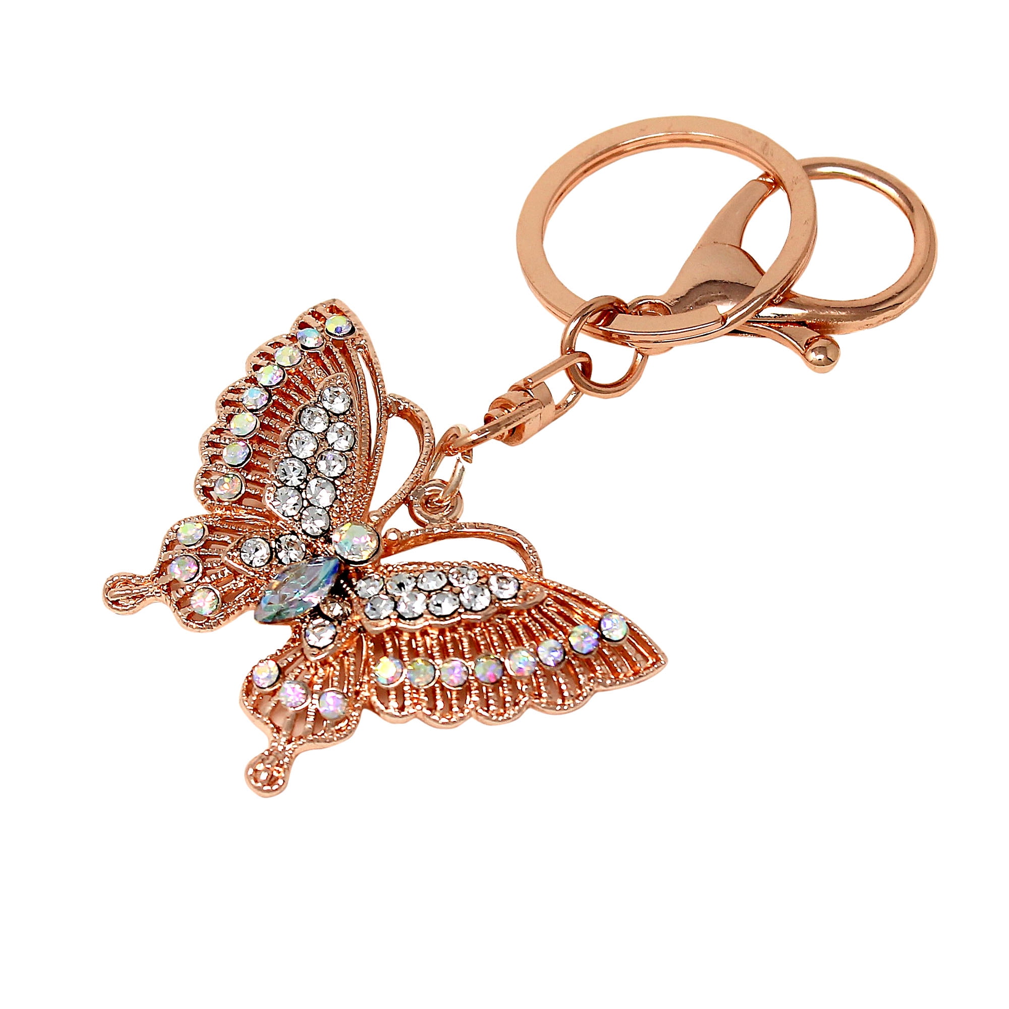 Rose Gold Butterfly Keychain Filigree Crystal Purse Charm
