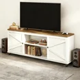 thumbnail image 6 of LEDREM Farmhouse TV Stand for 80-Inch TVs, Entertainment Center with Sliding Barn Doors and 4 Storage Compartments, Rustic White and Brown, 6 of 6
