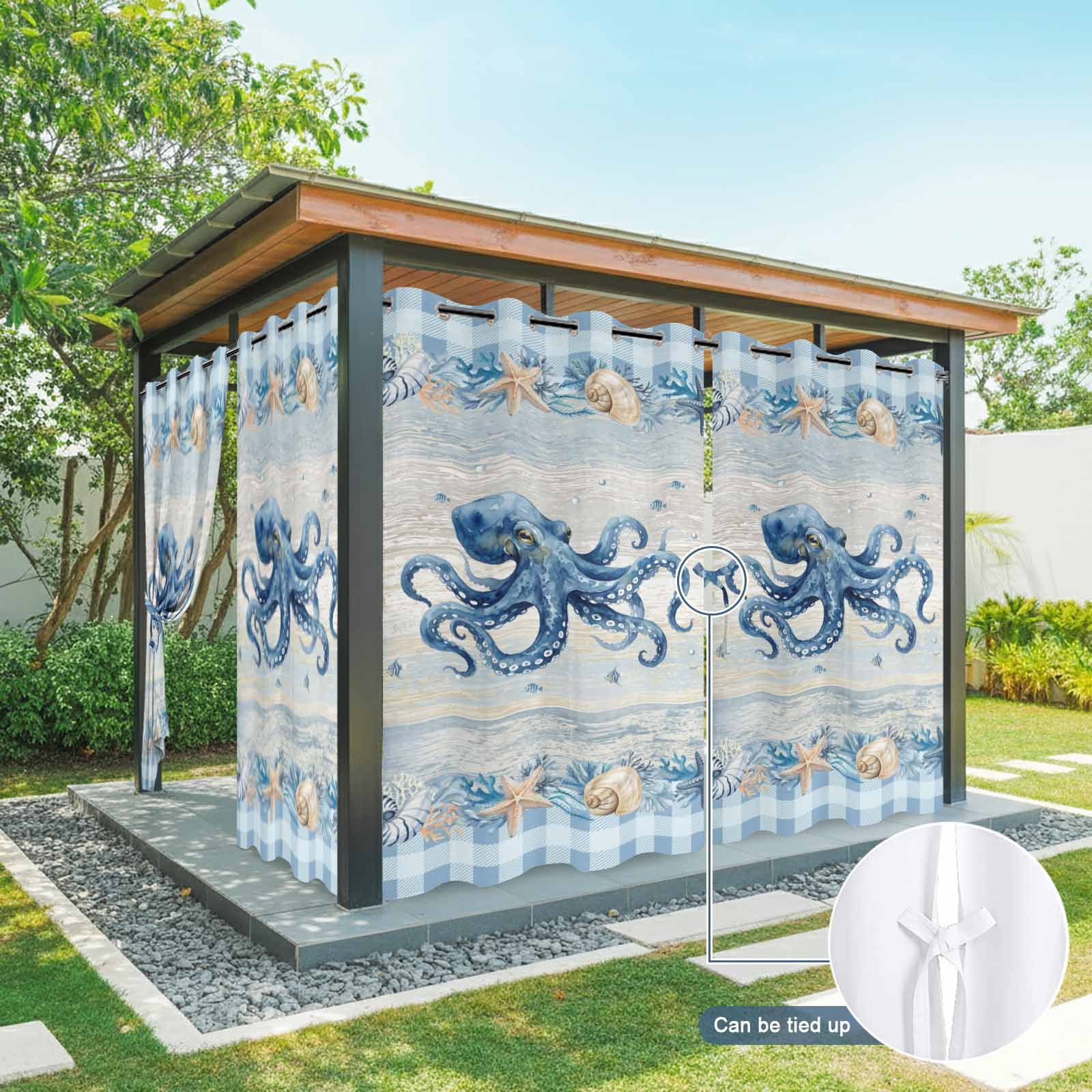 Blue Octopus Coastal Outdoor Curtains for Patio, Summer Starfish Beach Coral Shell Vintage Sunshade Privacy Drapes Grommet Waterproof Outside Curtains for Porch/Cabana/Balcony 54"x 108", 1 Panel