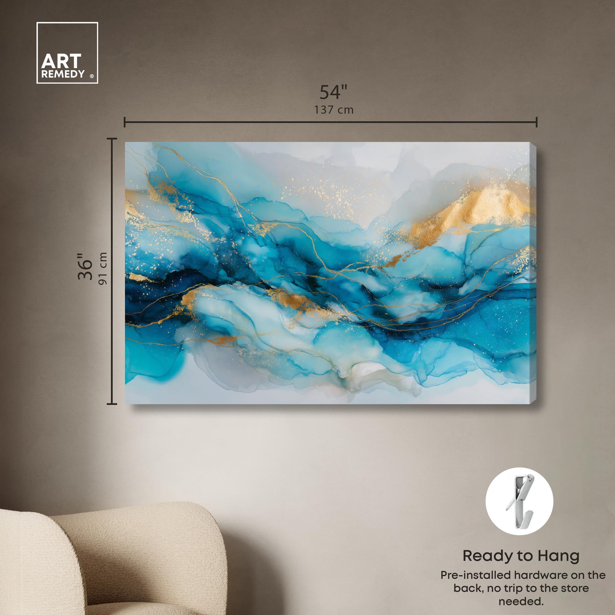 Ethereal Blue and Gold Canvas Abstract Wall Art by Art Remedy, Gallery Wrapped, 54 x 36