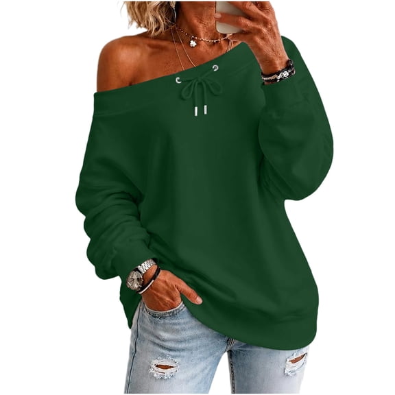 Staron Women's Off Shoulder Long Sleeve Tops Casual Loose Knitted Sweater Pullover Solid Color Comfy Winter Fall Spring Fashion Basic, Army Green L