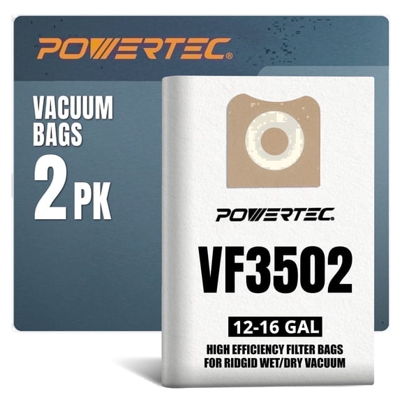 POWERTEC 2PK Ridgid VF3502 Vacuum Bags, Replacement Filter Bags for Ridgid RT1200, 1610RV 12-16 Gallon Wet/Dry Vac Dust Collection Bags, 75002