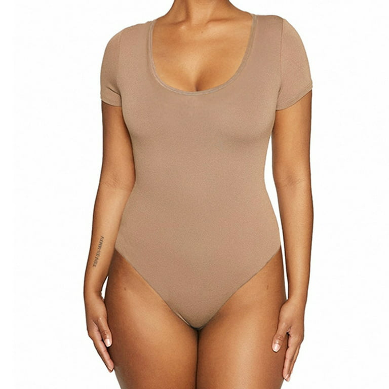 Short Sleeve Thong Bodysuit for Women Sexy Scoop Neck Leotard Solid Color  Versatile Basic Jumpsuits Tops