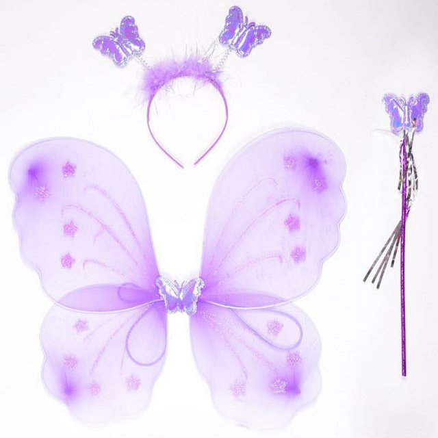 Conjunto de 3 piezas para niños, diadema de mariposa, varita de alas, traje de fotografía de verano para niñas, amarillo, verde, morado, rosa, accesorios de cuento de hadas
