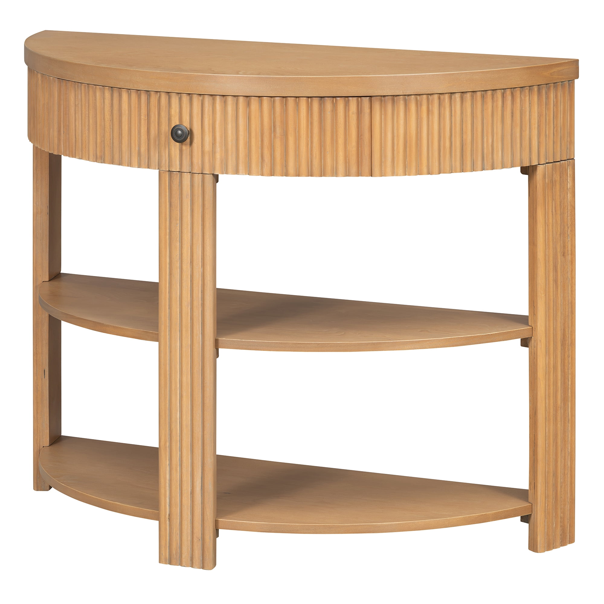 Euroco Half Moon Console Table with 1-Drawer, Fluted Entryway Table with 2 Open Storage Shelves,3-Tier Sofa Table for Living Room, Hallway, Foyer,Natural