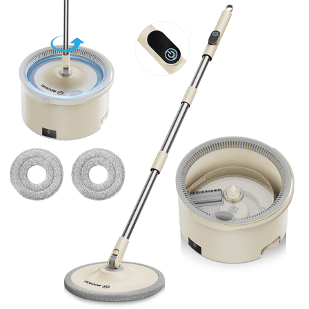 MOOSOO Electric Spin Mop and Bucket Set for Floors, One-Click Self-Cleaning and Drying, Adjustable Handle with Microfiber Pads