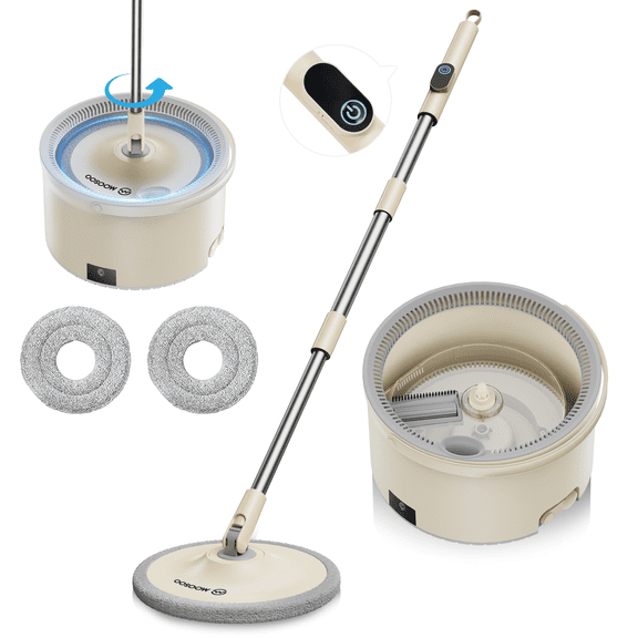 MOOSOO Electric Spin Mop and Bucket Set for Floors, One-Click Self-Cleaning and Drying, Adjustable Handle with Microfiber Pads