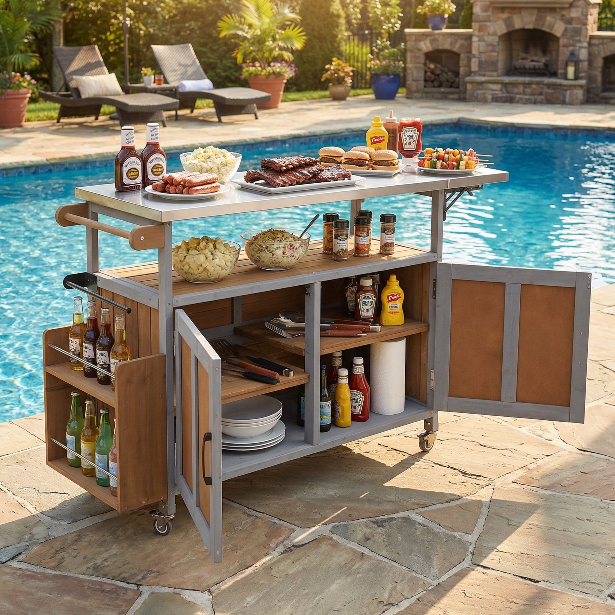 Harper & Bright Designs Outdoor Extendable Kitchen Island with Wheels, Patio Kitchen Cart with Foldable Stainless Steel Top, Portable Prep Station with Storage Cabinet, Espresso + Grey