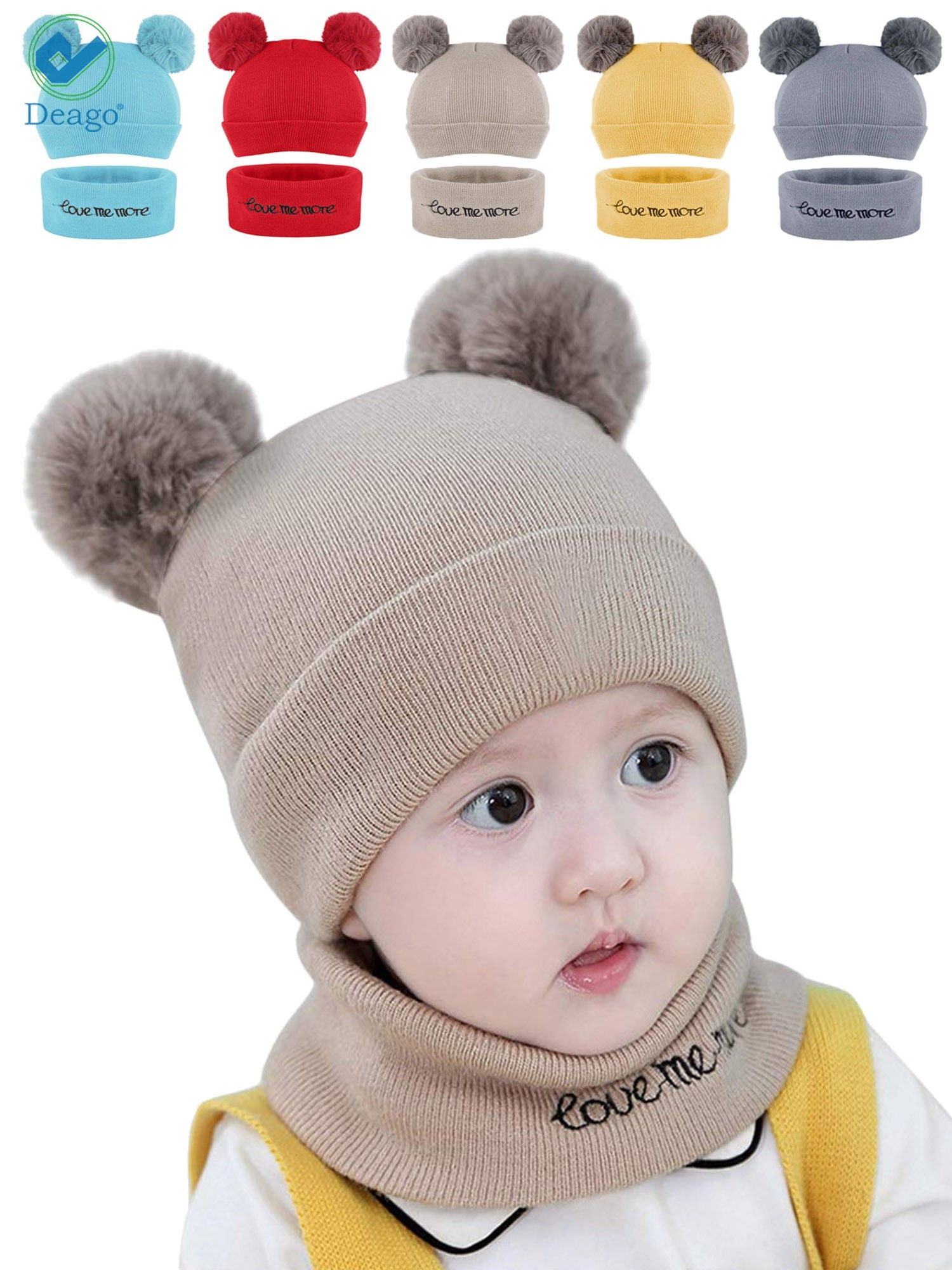 2PCS Children Baby Kid Boy Girl Winter Warm Cap Fur Pom Knitted Beanie Hat+Scarf 