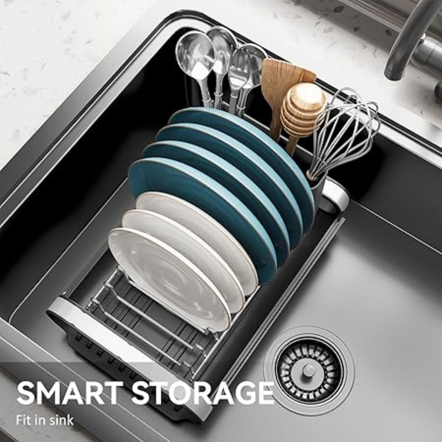 Expandable Dish Rack, Compact Dish Drainer, Stainless Steel Dish Drying Rack with Removable Cutlery Holder, Anti Rust Plate Rack, Small Sink Drainer for Sink or Kitchen Countertop
