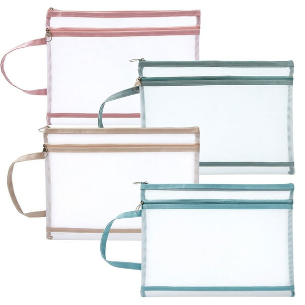 Desiderio Paquete de 4 bolsas para archivos A4, bolsa con cremallera de malla de doble capa y asa, clip de cremallera de malla, bolsa con cremallera de malla translúcida de tamaño A4, suministros de