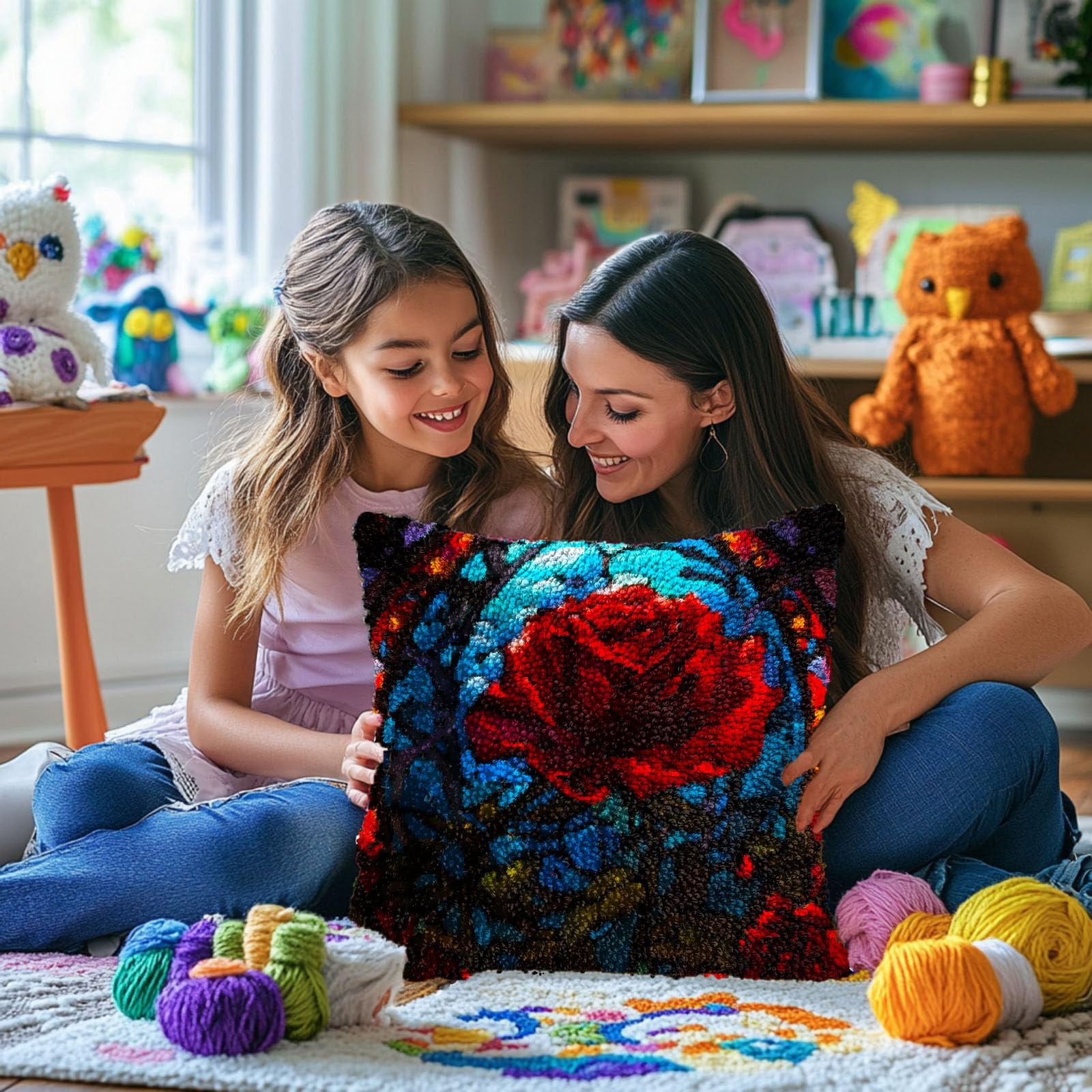 Stained Glass Red Rose DIY Latch Hook Pillow Kits for Adults Printed Pillowcase Crochet Yarns Hooking Handmade Pillow Cover Cushion for Home Sofa Decoration 17x17inch