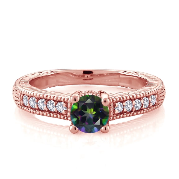 Gem Stone King 18K Rose Gold Plated Silver Green Mystic Topaz and White Created Sapphire Women's Solitaire Ring with Accent Stones (0.70 Cttw, Round Shape 5MM, Size 7)