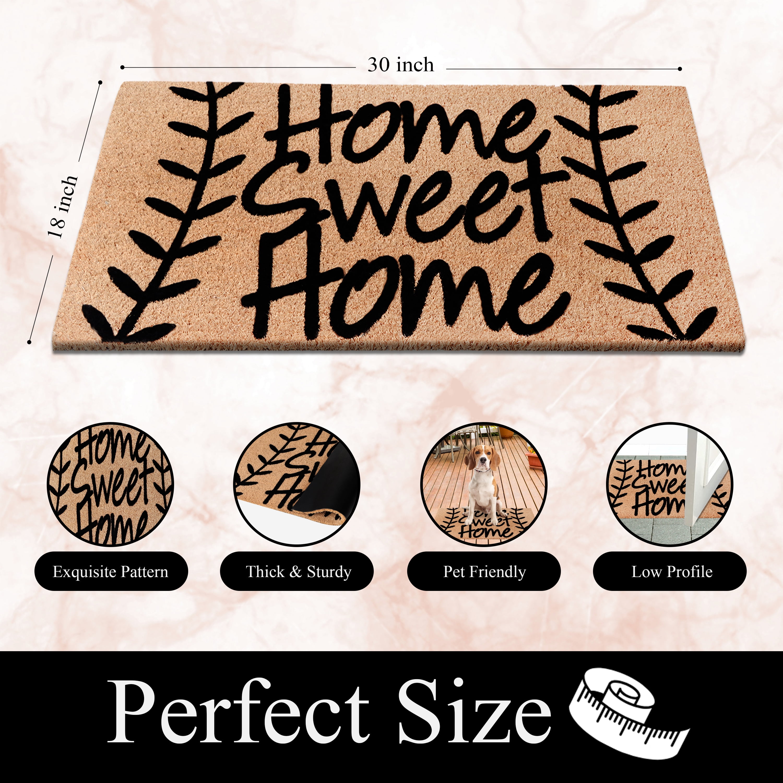 A1HC Natural Coir Flocked Doormat, Leafy Home Sweet Home Black , 18"x30", Durable Outdoor Welcome Mat, Non-Slip, Pet Friendly