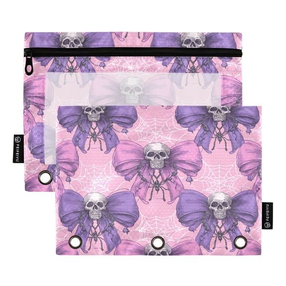 Skulls on Bows Araneid Nets Halloween Binder Pouches Zipper Pocket Document Storage 3 Rings 2 Packs A5 Size
