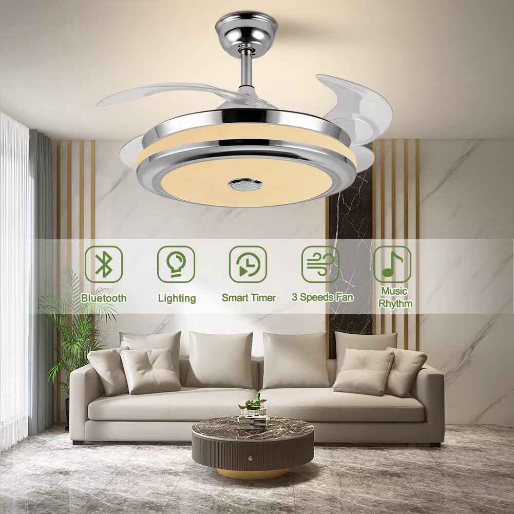 AFANQI Modern Multifunctional Ceiling Fan with Light and Bluetooth Speaker, Retractable Ceiling Ceiling Light Ceiling Fan with Remote Control, Invisible Ceiling Fan for Living Room Bedroom (42 Inch)