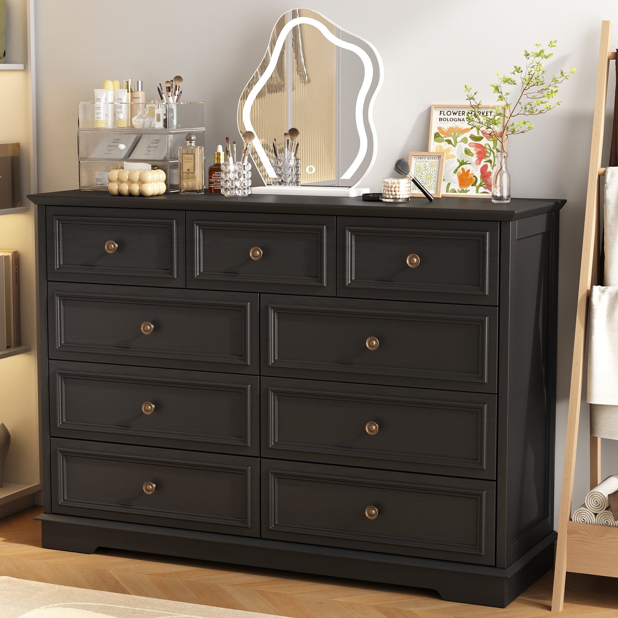 9 Drawer Chest of Drawers, Tall Storage Dresser Organizer, Modern Storage Cabinet Dresser Organizer Unit with Antique Bronze Round Handles for Living Room, Black