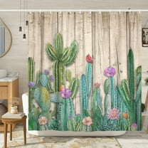 Cactus Shower Curtain Tropical Plant Green Leaf Succulent Pink Flowers Rustic Gray Wooden Barn Door Shower Curtains Southwestern Mexican Desert Style Bathroom Curtain 12 Hooks 72X72inch