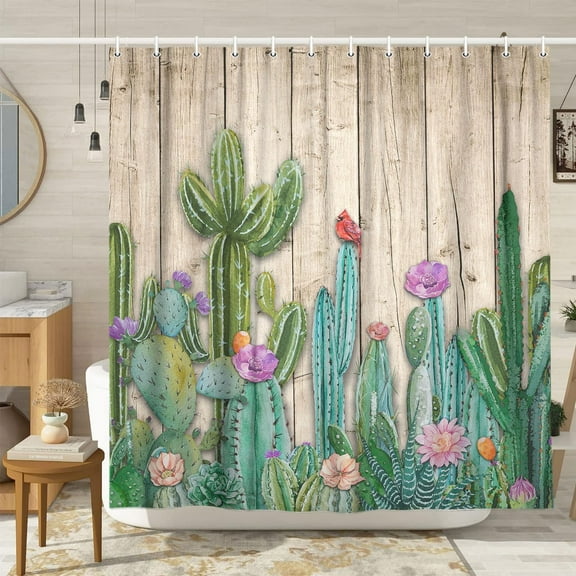 Cactus Shower Curtain Tropical Plant Green Leaf Succulent Pink Flowers Rustic Gray Wooden Barn Door Shower Curtains Southwestern Mexican Desert Style Bathroom Curtain 12 Hooks 72X72inch