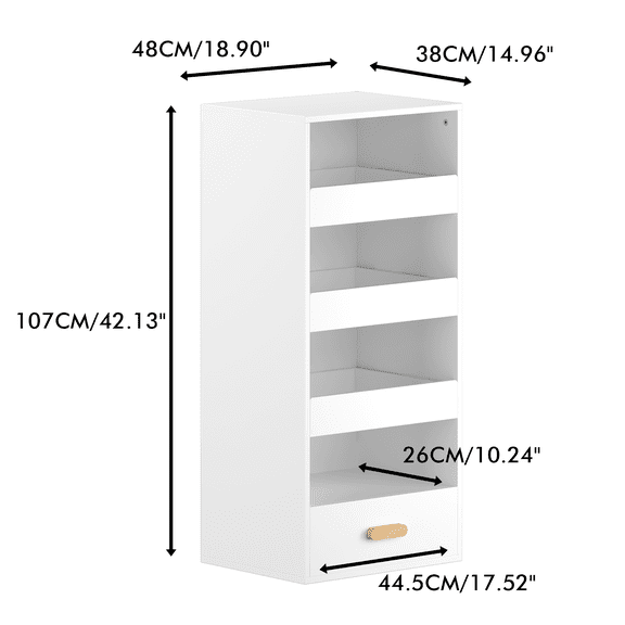 Space-Saving 4-Tier Freestanding Bookshelf with 3 Sliding Drawers and Bottom Storage, White Engineered Wood for Small Rooms