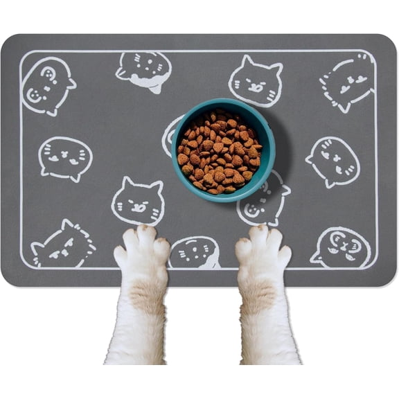 Cat Food and Water Mat for Pets - Non-Slip Super Absorbent Dog Bowl Mat With Multiple Cat Heads Logo - 24 x 16.9 Inches, Dark Grey