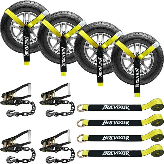 4 Pack Car Tie Down Straps for Trailers, 2" x 96" - 9900LBS Break Strength, Tire Ratchet Straps with Heavy Duty Chain Anchors for Hauling UTV, SUV, Truck, Any Cars